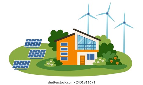 Suburban houses. Green energy an eco friendly traditional house. Solar power and wind generation. 