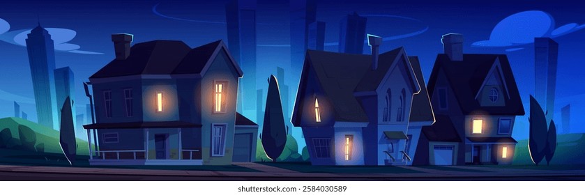 Suburban houses with illuminated windows in moonlit night neighborhood. Residential street with cozy homes, garages and trees on dark skyscaper silhouettes. Peaceful evening cityscape background.