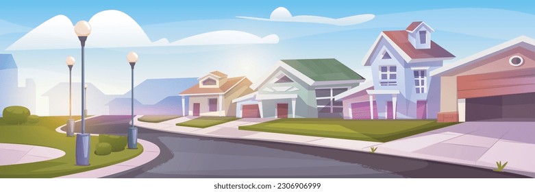 Suburban houses landscape. Horizontal banner with wooden houses, cottages, road, grass and lanterns. Summer weather in village district. Township with blue sky. Cartoon flat vector illustration