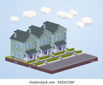 Suburban houses in line. 3D lowpoly isometric vector concept illustration