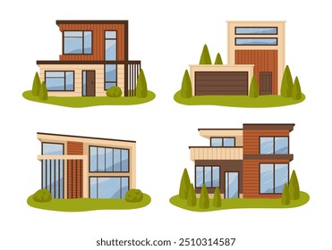 Casas suburbanas. Edificios inmobiliarios modernos, casas residenciales contemporáneas, casas de campo conjunto de Ilustración vectorial plana. colección Urbana de la casa