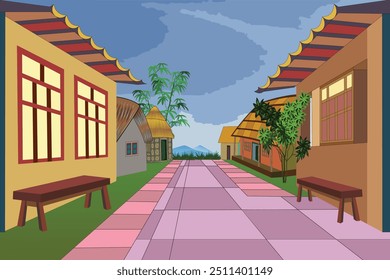 Vorstädtische Häuser auf einer Dorfstraße - Illustration im Anime-Stil mit einer ruhigen Gasse mit blühenden Bäumen und einer gemütlichen Straße
Dorfbild