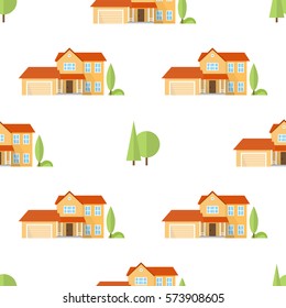 Suburban houses seamless pattern. Vector illustration. American houses seamless pattern. Wrapping with american houses, urban style design.