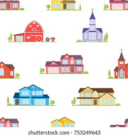 Suburban houses seamless pattern. Vector illustration. American houses, churches and farm seamless pattern.