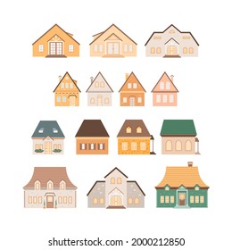 Suburban houses set in cartoon style. Isolated cozy home. Elements for real estate, property and ownership concepts. Front view of building, roof, windows