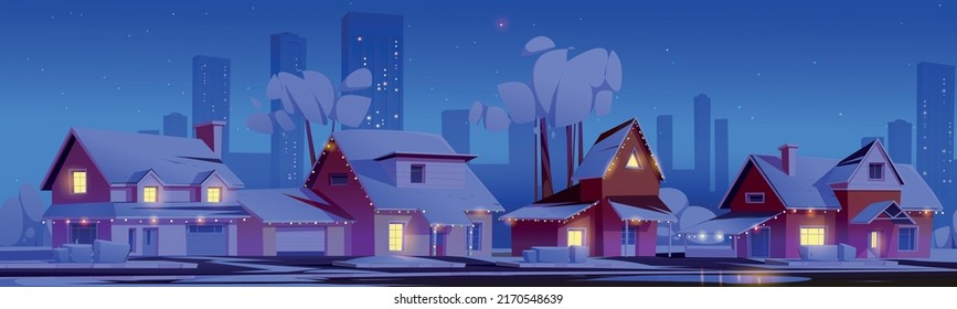 Suburban houses with snow and christmas decoration at night. Vector cartoon illustration of winter landscape off street in suburb district, cottages with holiday garlands and skyscrapers on skyline