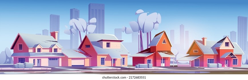 Suburban houses with snow and city skyscrapers on horizon. Vector cartoon illustration of winter snowy landscape of suburb district street with cottages, garages, road, trees and bushes