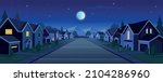 Suburban houses, street with cottages with garages at night. A street of houses with green trees and a road in perspective. Village. Vector illustration in cartoon style.