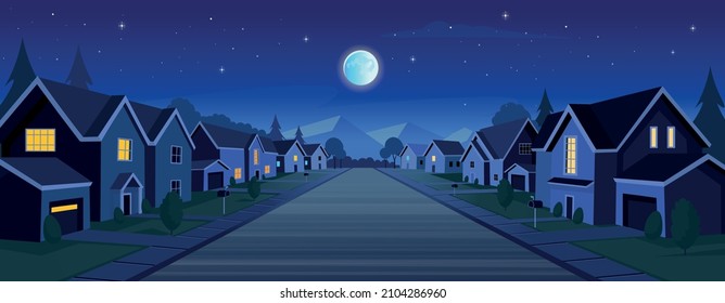 Suburban houses, street with cottages with garages at night. A street of houses with green trees and a road in perspective. Village. Vector illustration in cartoon style.