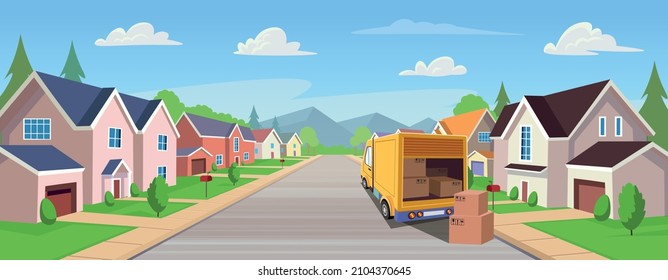 Suburban houses, street with cottages with garages  and a truck with boxes. A street of houses with green trees and a road in perspective. Village. The concept of buying a home, moving Vector  