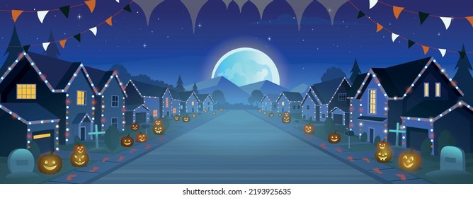 Suburban houses, street with cottages with garages with big moon and fog on Halloween at night. A street of houses with green trees and a road in perspective. Village. 