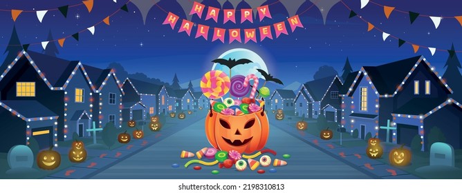 Suburban houses, street with cottages with garages with big moon and fog on Halloween at night.Halloween pumpkins with sweets. A street of houses with green trees and a road in perspective. Village. 