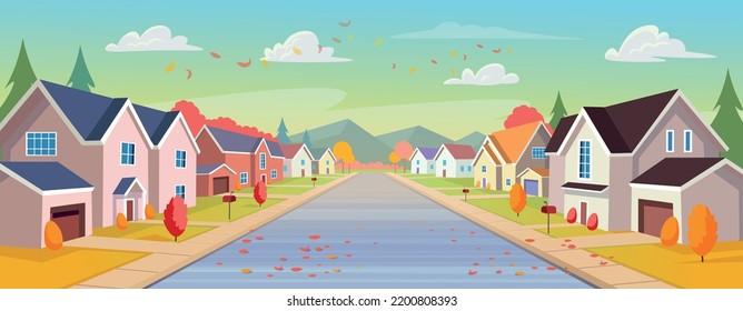 Suburban houses, street with cottages with garages an autumn. A street of houses with yellow trees and a road in perspective. Village. Vector illustration in cartoon style.