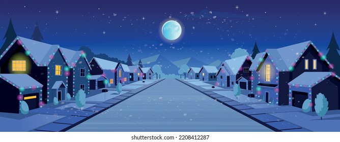 Suburban houses, street with cottages with garages at night in winter. A street of houses with green trees and a road in perspective. Village. Vector illustration in cartoon style.