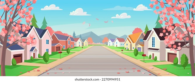 Suburban houses, street with cottages with garages in spring. A street of houses with flowering trees and a road in perspective. Village. Vector illustration in cartoon style.