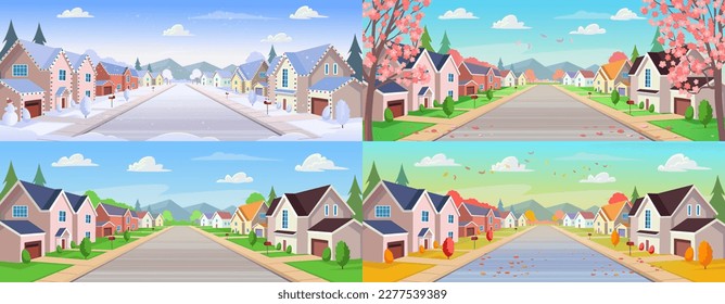 Casas suburbanas, calle con cabañas con garajes en diferentes épocas del año, invierno, primavera, verano, otoño. Una calle de casas con una carretera en perspectiva. Aldea. Ilustración vectorial en el carro