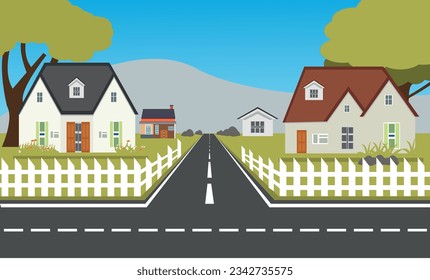 Casas suburbanas, calle con cabañas con garajes. Una calle de casas con árboles verdes y una carretera en perspectiva. Aldea. Ilustración vectorial al estilo de las caricaturas.