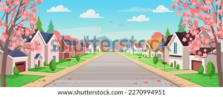 Suburban houses, street with cottages with garages in spring. A street of houses with flowering trees and a road in perspective. Village. Vector illustration in cartoon style.