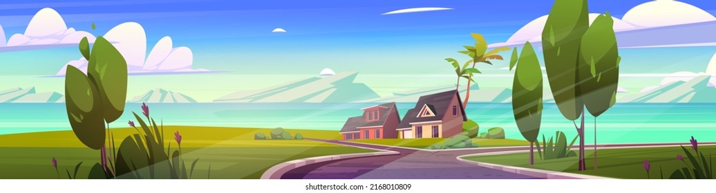 Suburban houses at summer nature landscape. Road lead to residential district with cottages, countryside buildings at mountain lake, green lawns, trees and flowers around, Cartoon vector illustration