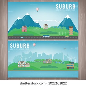 Suburban landscape. Cityscape template with suburban houses. Building architecture, cityscape town. Vector illustration