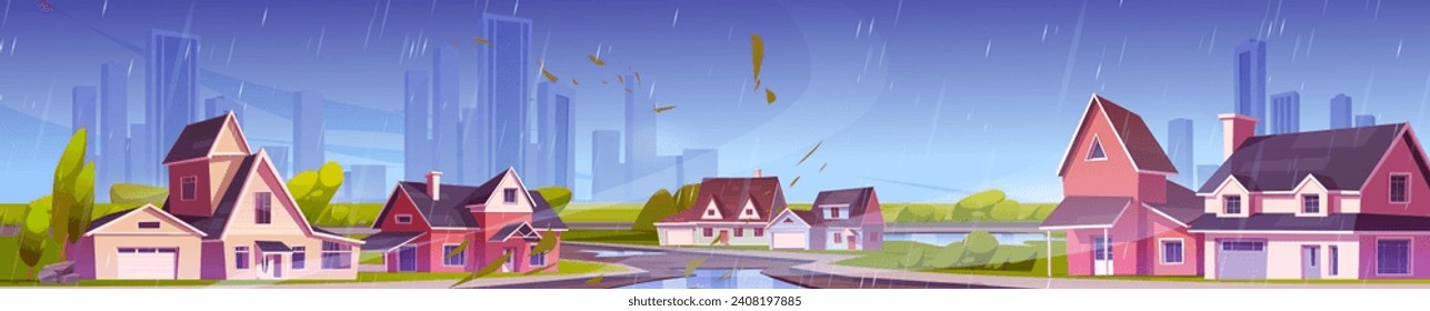 Suburban landscape with countryside house in rain. Cartoon vector illustration of cityscape street with private family home in wet rainy weather. Suburb with neighborhood cottages, yards and trees.