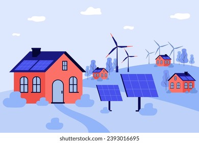 Suburban landscape with houses, wind turbines and solar panels. Flat vector illustration. Green energy, ecology concept