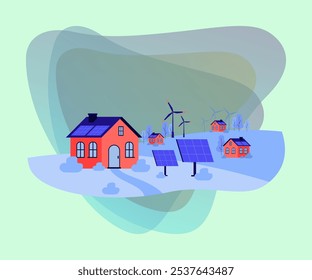 Suburban landscape with houses, wind turbines and solar panels. Flat vector illustration. Green energy, ecology concept