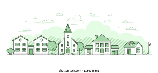 Suburban landscape - modern thin line design style vector illustration