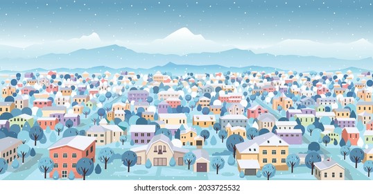 Suburban landscape with mountains in winter. Perspective view with roads and houses. Cartoon vector illustration