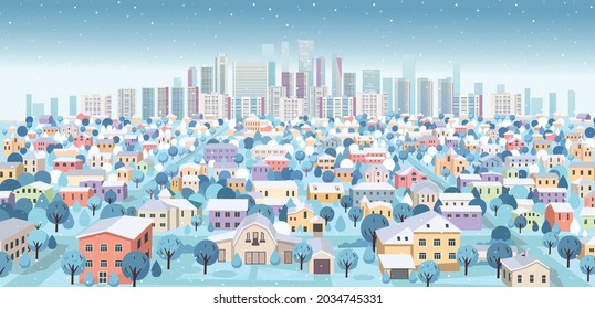  Suburban landscape with mountains in winter. View of high-rise buildings and countryside. Perspective view with roads and houses. Cartoon vector illustration