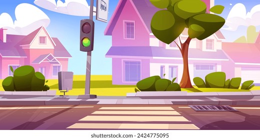 Suburban landscape with sidewalk, cross zebra on road, traffic light for safety, private houses on street and green trees and grass. Cartoon summer suburb city scenery with side view on pedestrian.