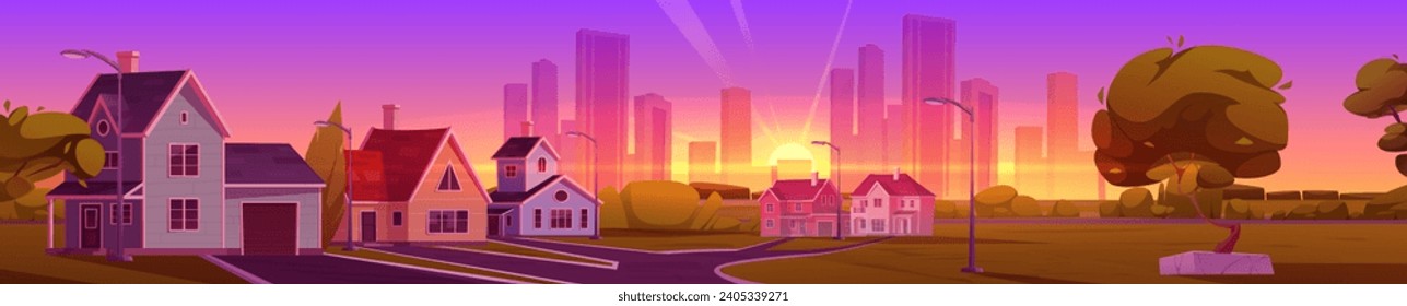 Suburban landscape at sunset or sunrise. Morning or evening cartoon vector cityscape with countryside house on street with yards and trees, road and driveway. Urban panoramic suburb scenery.