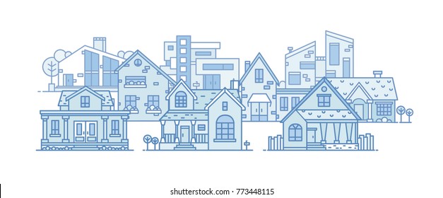 Suburban landscape with various city buildings built in different architectural style. Cityscape with residential houses. Panoramic view of town district. Vector illustration in line art style.