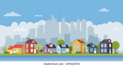 Suburban landscape. Village at the river, cityscape in background flat design vector illustration