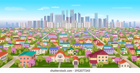 Suburban landscape.View of high-rise buildings and countryside.Cartoon vector illustration