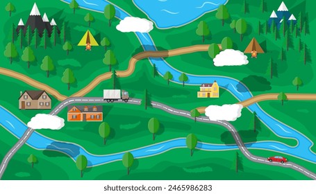 Suburban map with houses with car, trees, road, river, mountain, sky and clouds. Village. Vector illustration in flat style