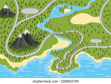 Suburban map with trees, road, river and mountain. Village with water, aerial view. GPS, city navigation with roads. Vector illustration in flat style