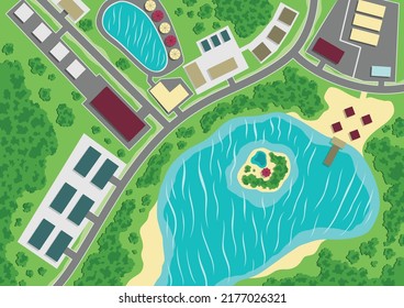 Suburban map. Village with lake, aerial view. Editable vector plan of generic residential area. GPS, city navigation with roads buildings, park and lake