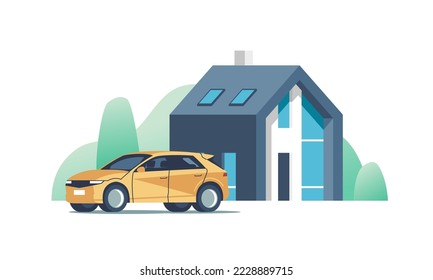 Suburban modern house. Family home with auto. Vector illustration.