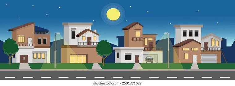 Suburban modern house at night vector art. Modern house at night illustration. Suburban neighborhood at night vector stock. Real estate. Cityscape illustration art.