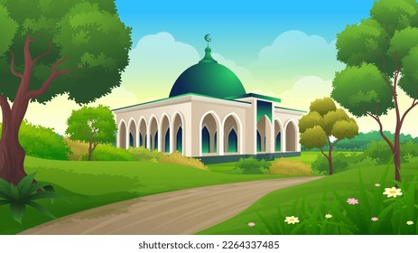 Suburban mosque building with green lawn, bush and trees scenery vector illustration