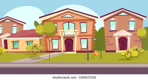 Vorstädtisches Viertel, flache Vektorgrafik. Vororte Landschaft, leere Straße ohne Menschen. Landschaft mit Hütten, Wohngebäuden, Stadthäusern. Landschaftsarchitektur, Immobilien