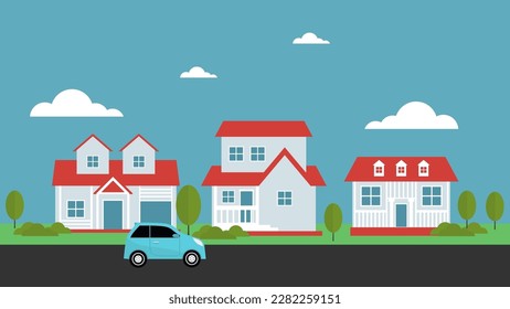 Suburban neighborhood houses landscape, vector illustration small town decoration.