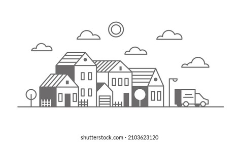 Suburban neighborhood landscape. Silhouette of houses on the skyline. Countryside cottage homes near the road. Outline vector illustration.