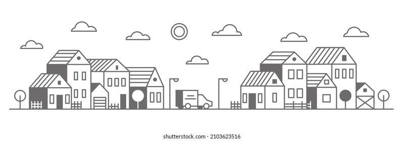 Suburban Neighborhood Landscape. Silhouette Of Houses On The Skyline. Countryside Cottage Homes Near The Road. Outline Vector Illustration.