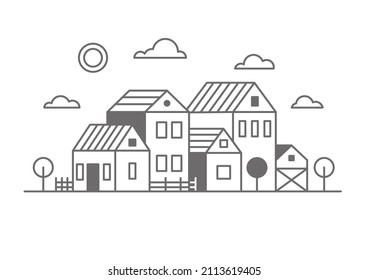 Suburban Neighborhood Landscape. Silhouette Of Houses On The Skyline. Countryside Cottage Homes. Outline Vector Illustration