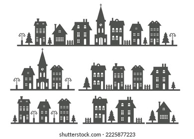 Suburban neighborhood landscape. Silhouette of houses and church on the skyline. Countryside cottage homes. Glyph vector illustration