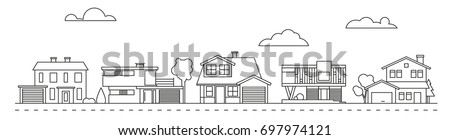 Suburban neighborhood panorama line art with classic, mid-century and contemporary houses