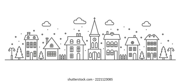 Suburban neighborhood winter landscape. Silhouette of houses and church on the skyline with snowflakes. Countryside cottage homes. Outline vector illustration.