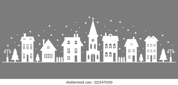 Suburban neighborhood winter landscape. Silhouette of houses and church on the skyline with snowflakes. Countryside cottage homes. Glyph vector illustration on grey background.